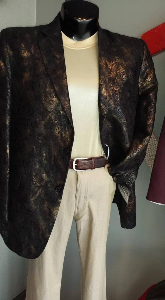 Bronze brocade blazer with tan pants
