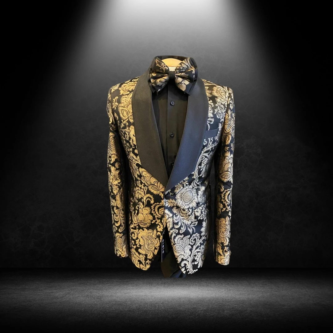 Gold and silver baroque damask blazer with black lapel and matching bow tie