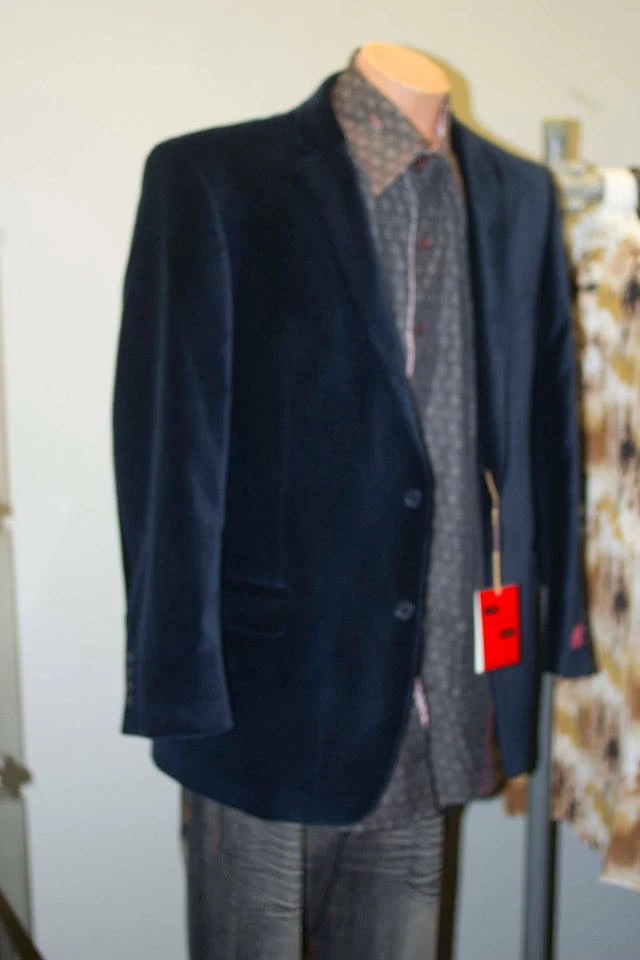 Navy velvet blazer with patterned dress shirt