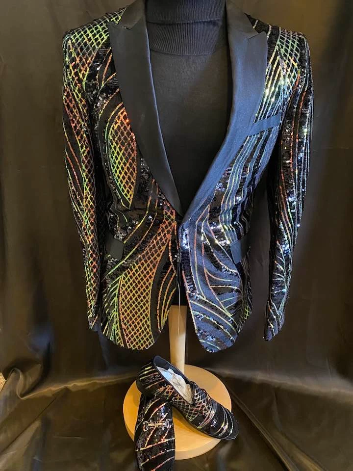 Black sequin blazer with multicolor geometric pattern