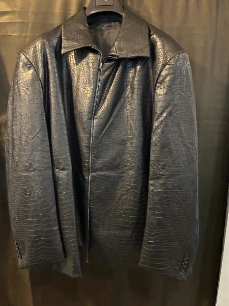Black crocodile embossed leather zip-up jacket