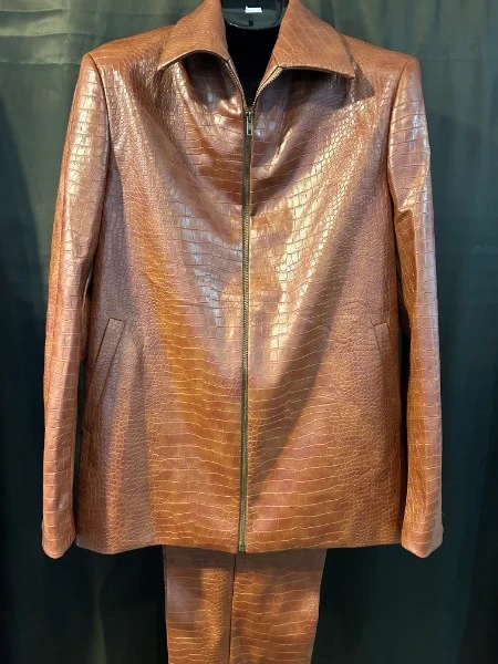 Brown crocodile embossed leather jacket and pants set
