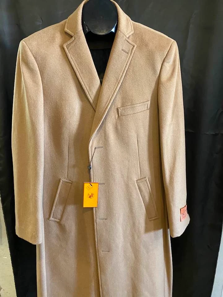 Camel tan wool overcoat with notch lapel