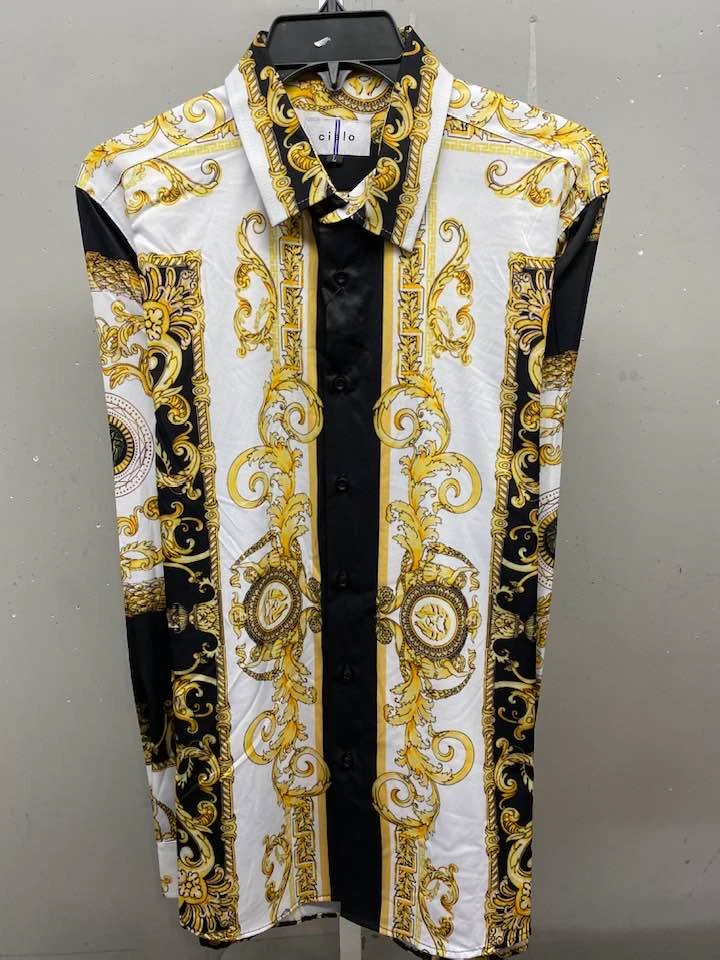 Gold and black baroque print dress shirt