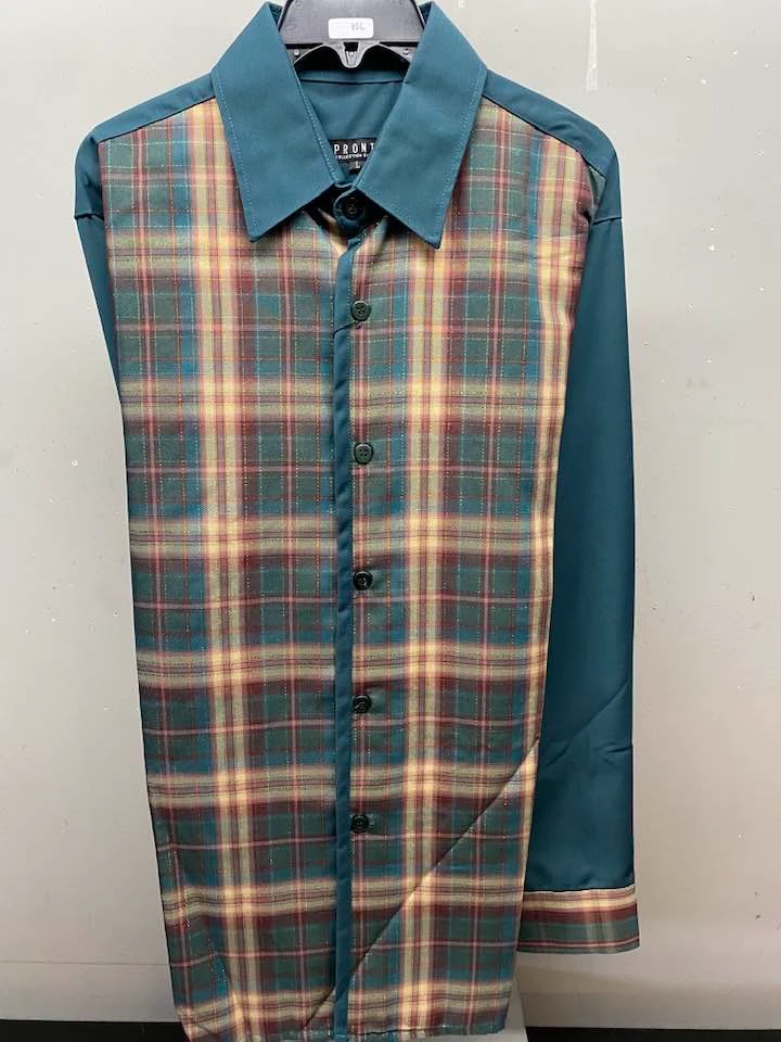 Teal plaid dress shirt with solid contrast sleeves