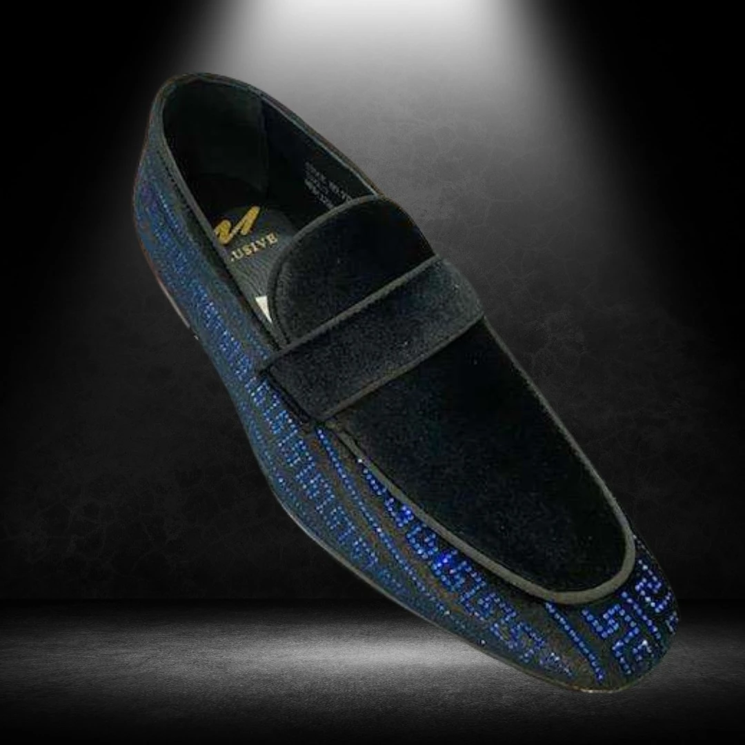 Navy blue loafer with Greek key crystal pattern
