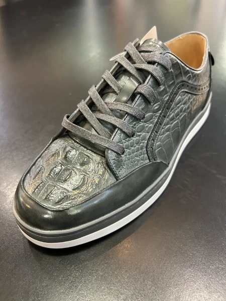 Gray crocodile embossed leather sneaker