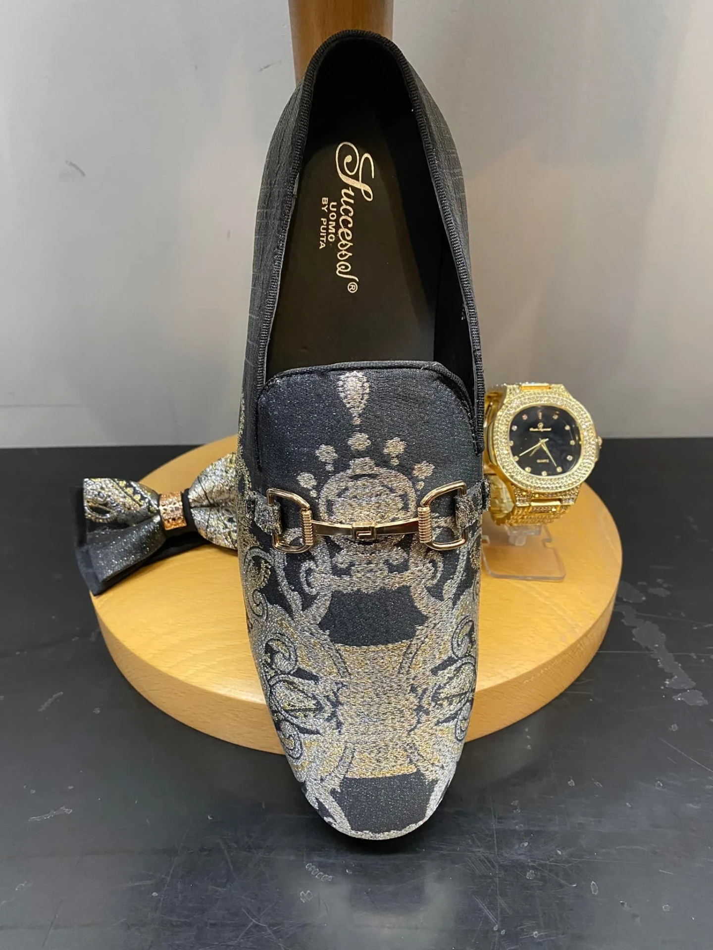 Patterned loafer with gold buckle accent