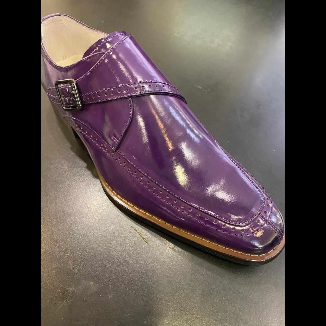 Purple leather monk strap dress shoe with brogue detailing