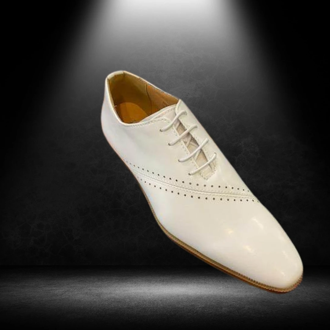 White patent leather oxford with brogue detailing