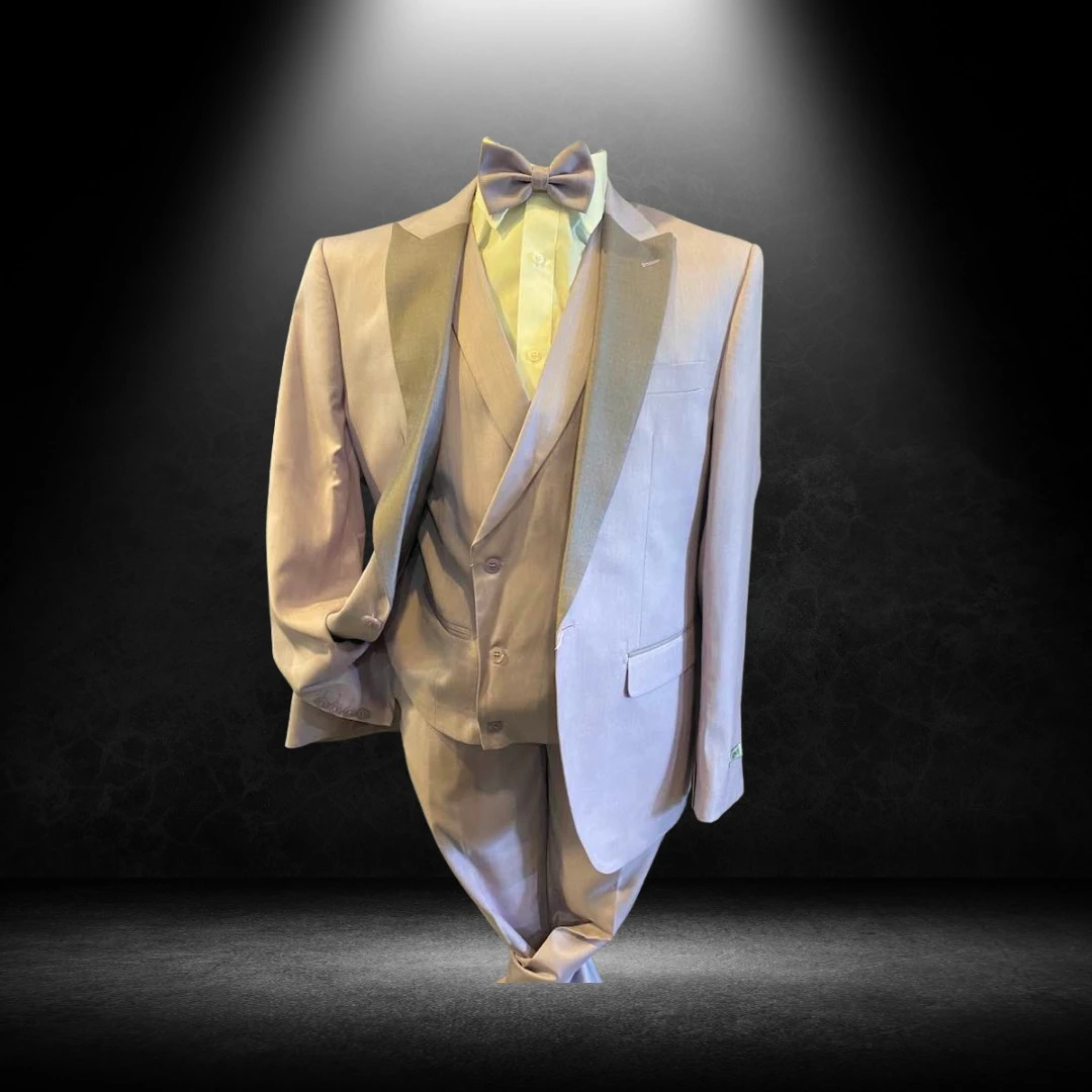 Blush pink three-piece suit with satin lapel and bow tie