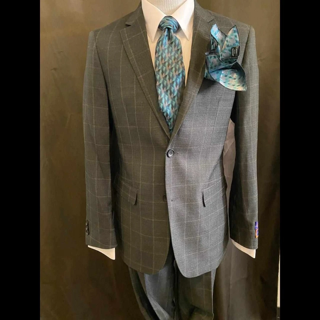 Charcoal windowpane suit with teal geometric tie