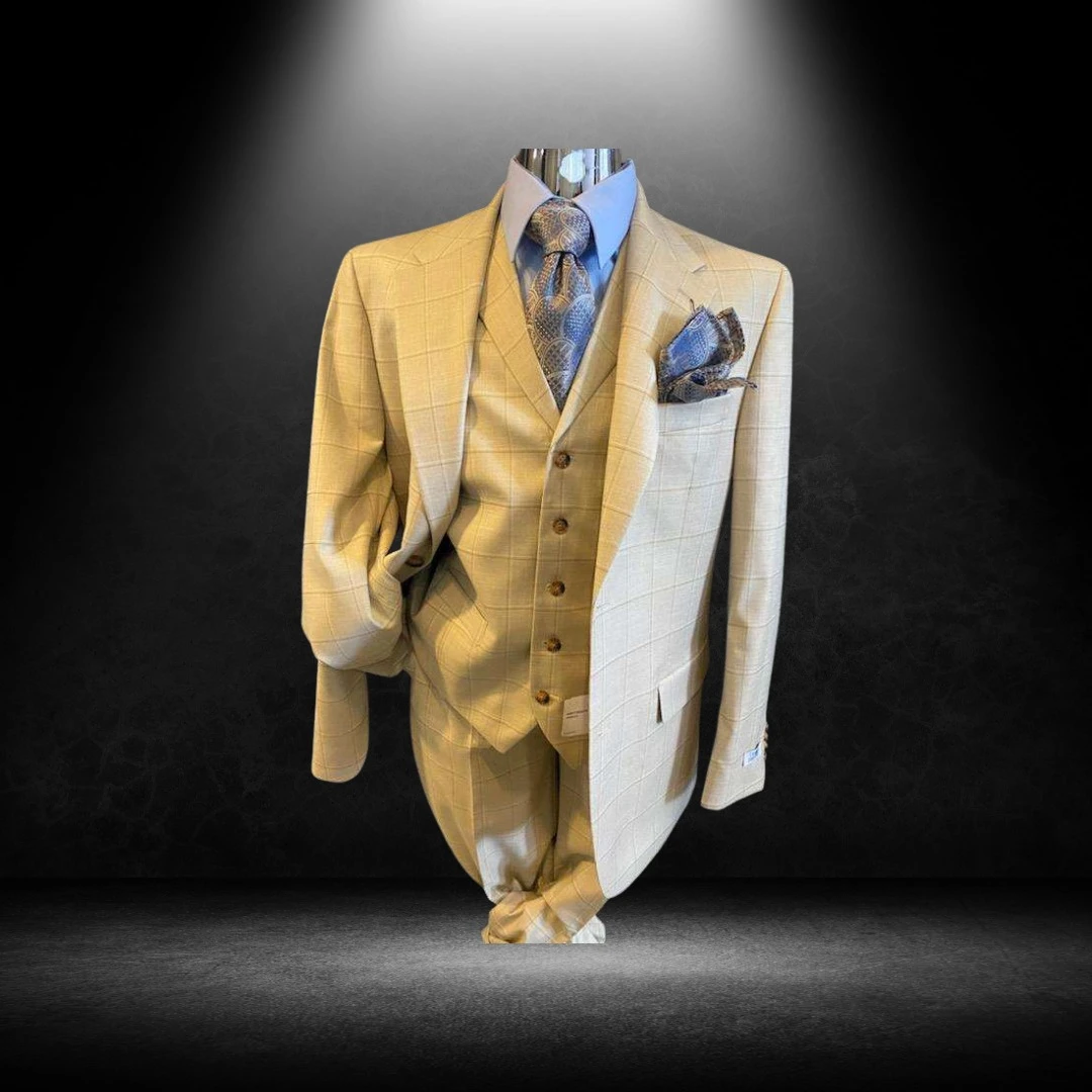 Gold windowpane three-piece suit with patterned tie