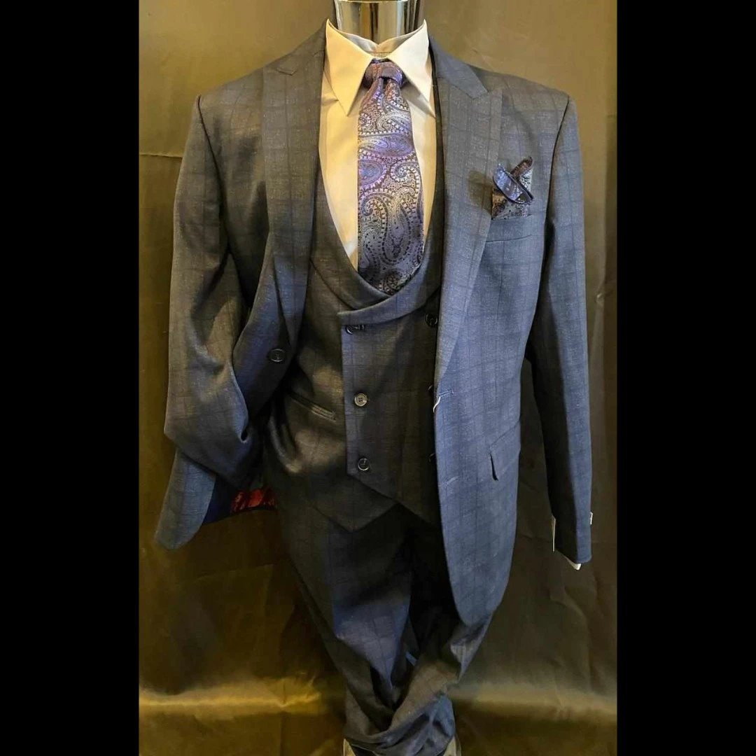 Navy blue windowpane three-piece suit with paisley tie and pocket square