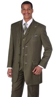 Olive green pinstripe three-piece suit with patterned tie