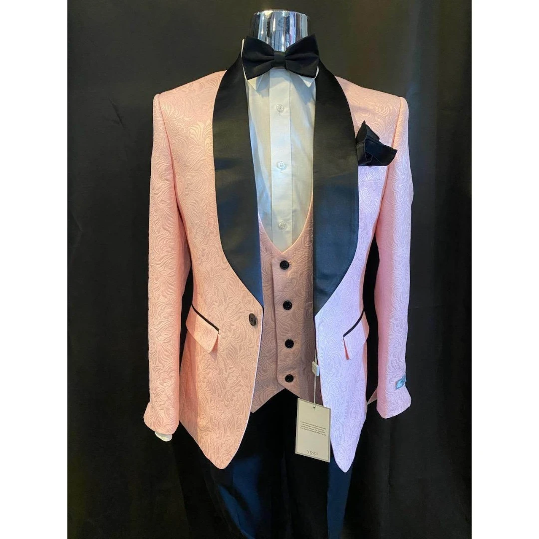 Pink paisley three-piece tuxedo with black shawl lapel and bow tie