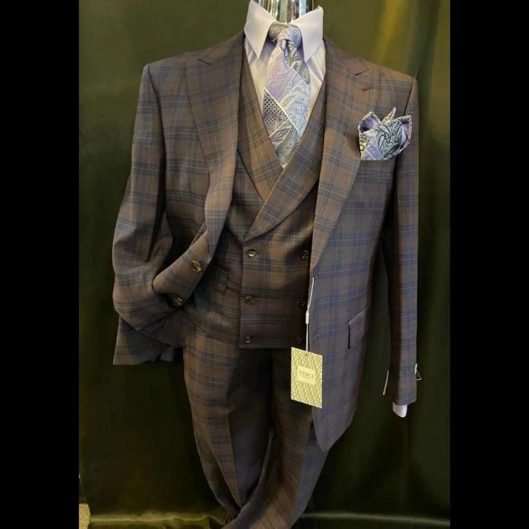 Purple and brown plaid three-piece suit with double-breasted vest