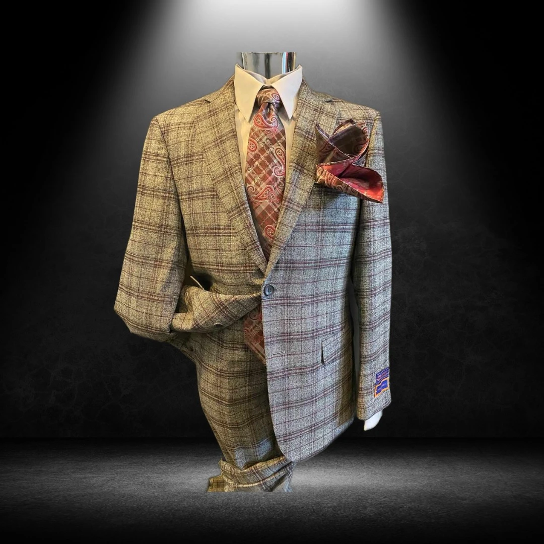 Tan and brown plaid suit with paisley tie and pocket square
