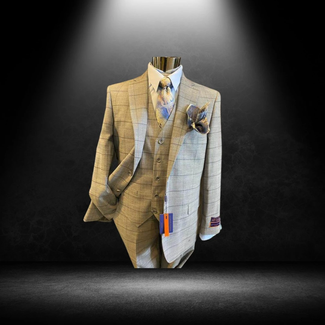 Tan windowpane three-piece suit with paisley tie and pocket square