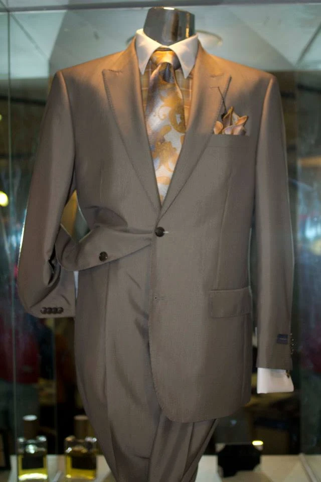 Taupe suit with gold baroque tie and matching pocket square