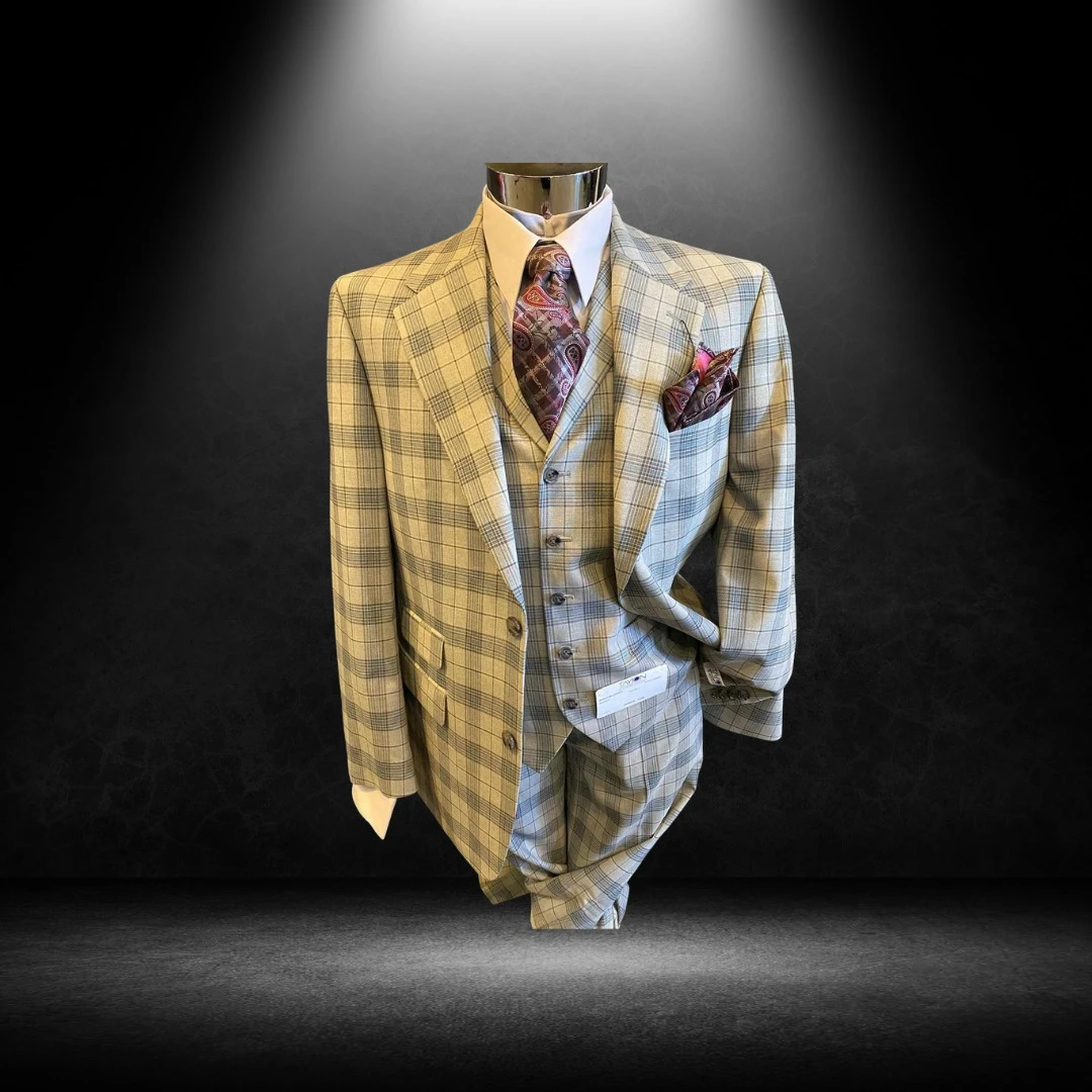 Yellow and tan plaid three-piece suit with burgundy paisley tie